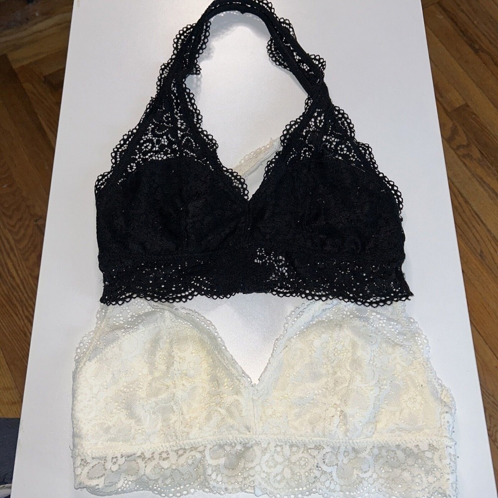 Lot Of 2 Aerie Lace Halter Neck Eyelet Bralette Sz: Small No Padding Black White